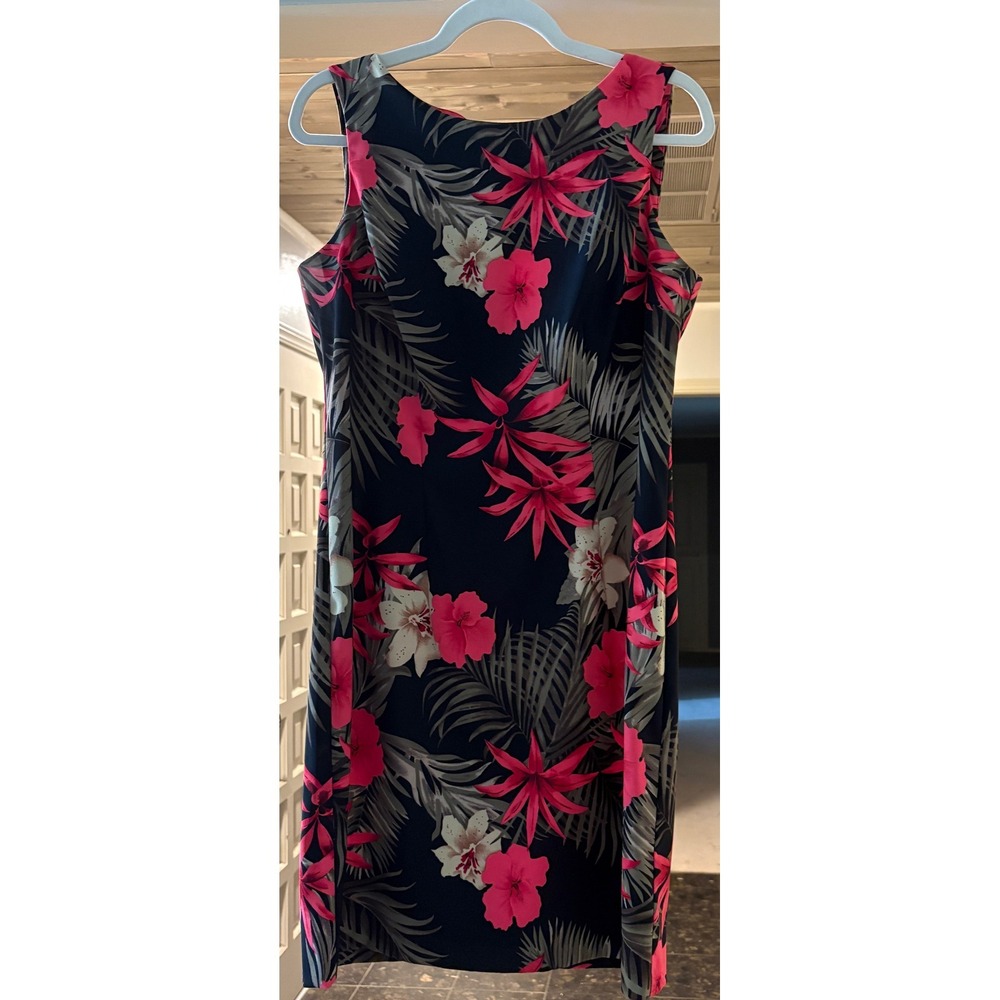 AGB Dress Womens 10 Pink Tropical Floral Sheath Dress Navy Sleeveless Stretch